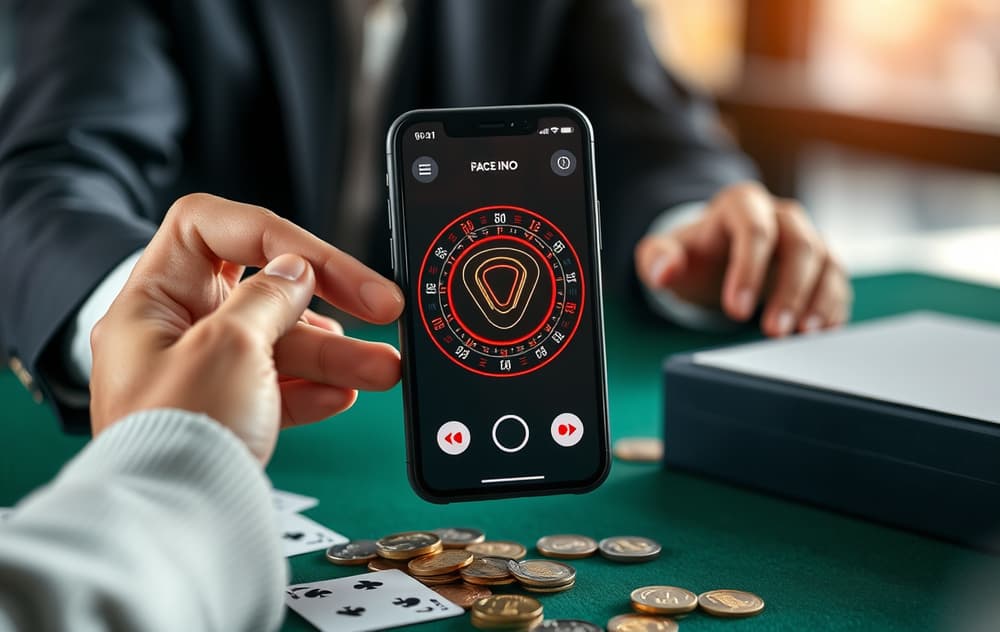 iPhone med Apple Pay klar for Face ID-autentisering på et casino.