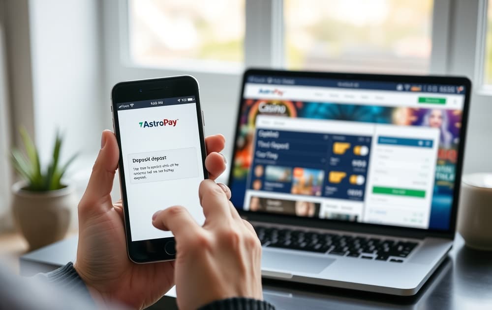 Smarttelefon med AstroPay-app og virtuelt kort ved siden av en laptop med casinoinnskudd