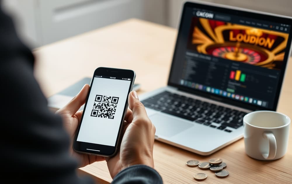 Person som viser Bitcoin-transaksjon på mobil foran en laptop på et kafébord.