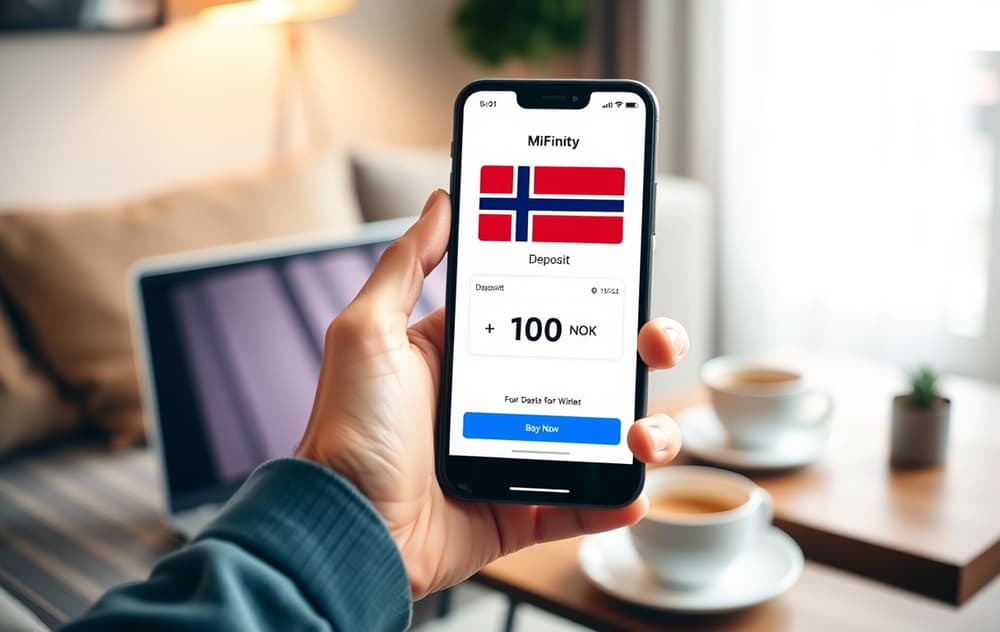 Person som betaler med MiFinity på mobilen foran en laptop med et casino
