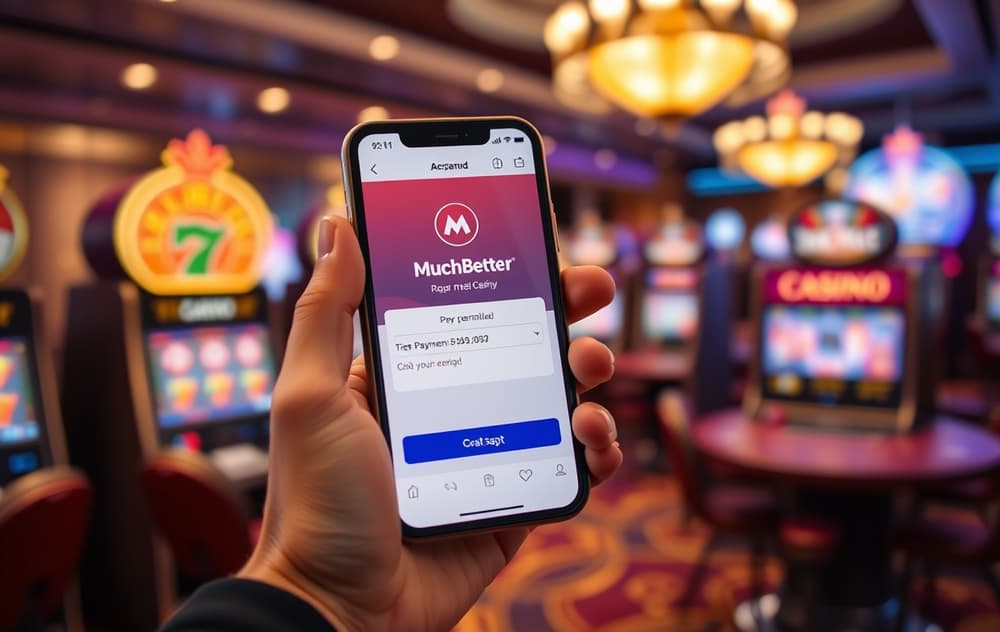 Person med mobil som viser MuchBetter-appen og casinoinnskudd i norske kroner.