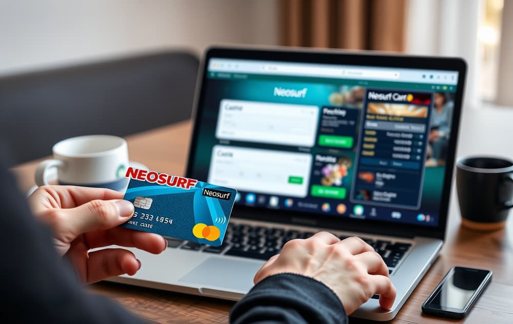 Hånd som holder en Neosurf-kupong med PIN-kode foran en laptop med casino-kasse åpen.