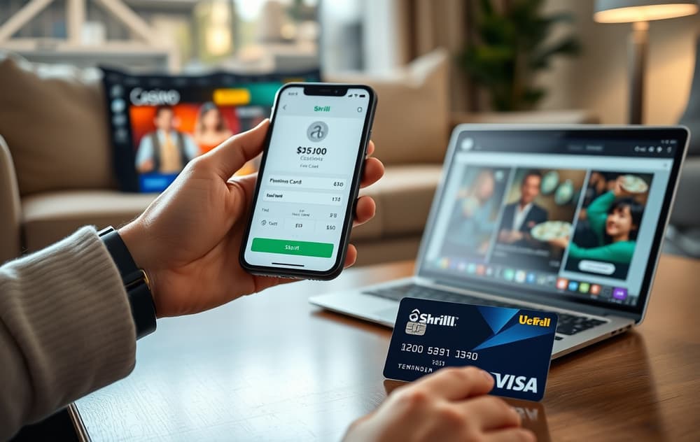 Person med smarttelefon som viser Skrill-appen ved siden av casino jetsiler og en skjerm med casino-lobby.