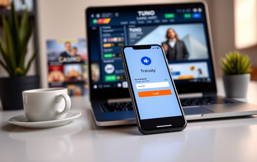 Person som bruker BankID på mobil for å betale på et nettcasino – Trustly-logo synlig på skjermen.