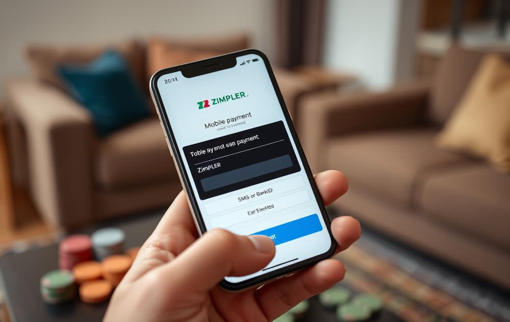 En person som bruker mobilen til å betale med Zimpler på et casino på nett.