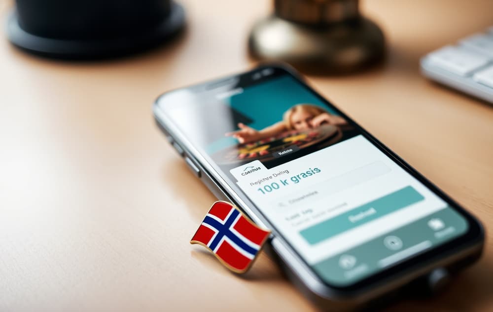 Person med mobiltelefon som viser en bonusmelding med 100 kr gratis, i en stue med kaffekopp.
