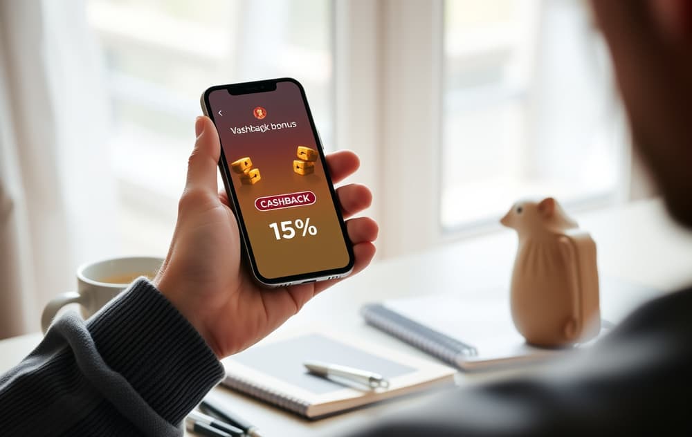 Norsk spiller ser pÃ¥ cashback-melding pÃ¥ dataskjerm i stue