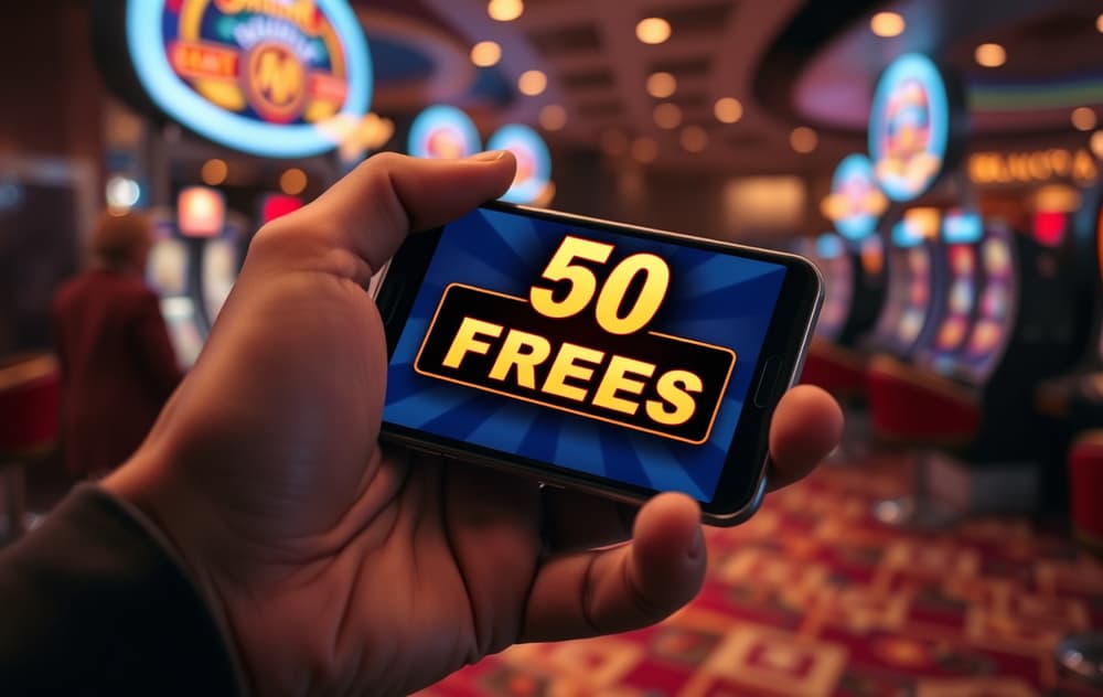 Mobilskjerm med freespins-tilbud pÃ¥ et nettcasino.