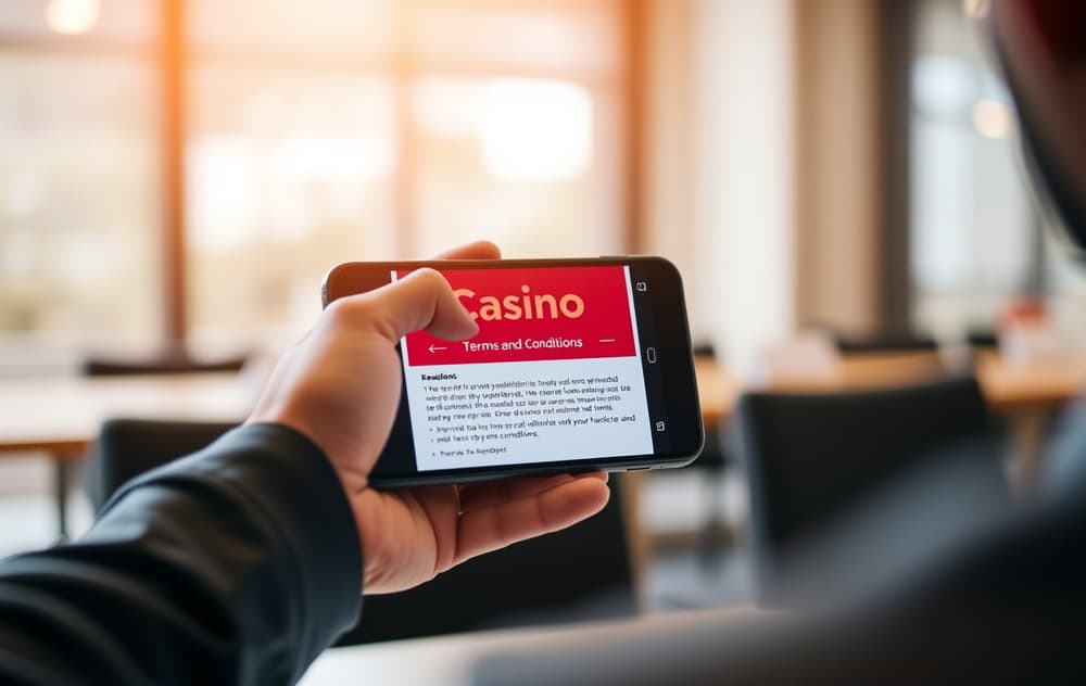Smarttelefon som viser innskuddsbonus pÃ¥ et nettcasino, hÃ¥nd med bankkort, bakgrunn med kasinochips og spilleautomat.