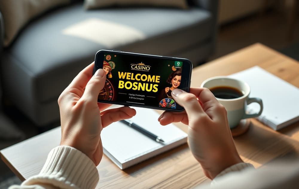 En person som holder en mobiltelefon med et velkomstbonustilbud på skjermen, ved siden av en kopp kaffe og notater med vilkår