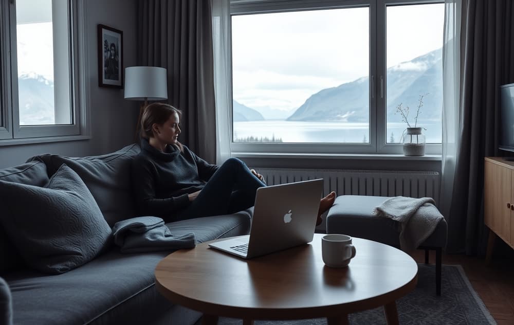 Person som spiller på nettcasino i stua med utsikt til fjord