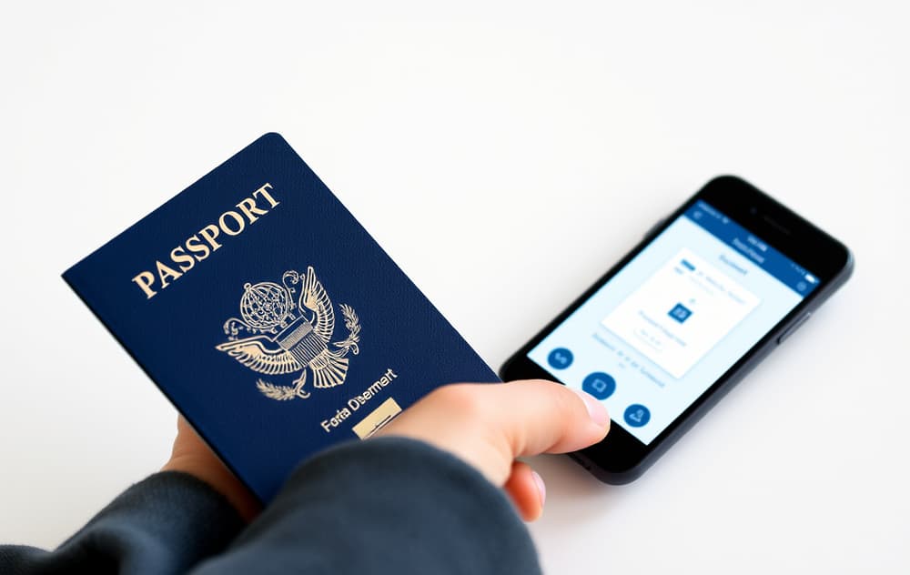 Person som holder pass og mobiltelefon med dokument-skanningsapp, illustrasjon av KYC-verifisering