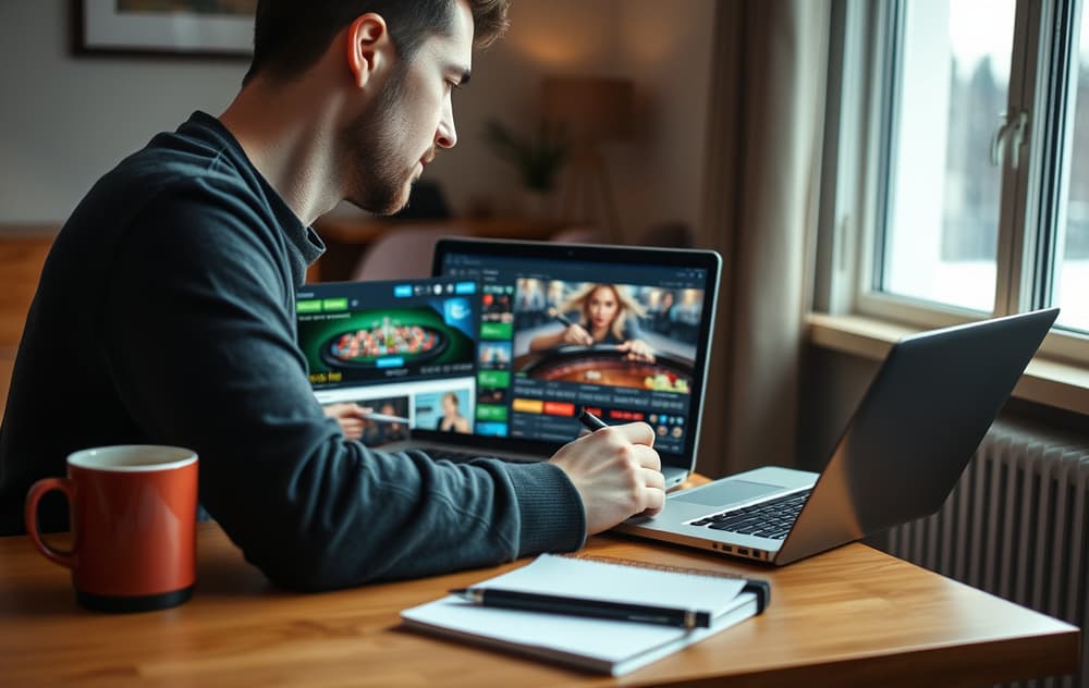 Person foran laptop som sammenligner casinoer – fokus på trygghet og lisens