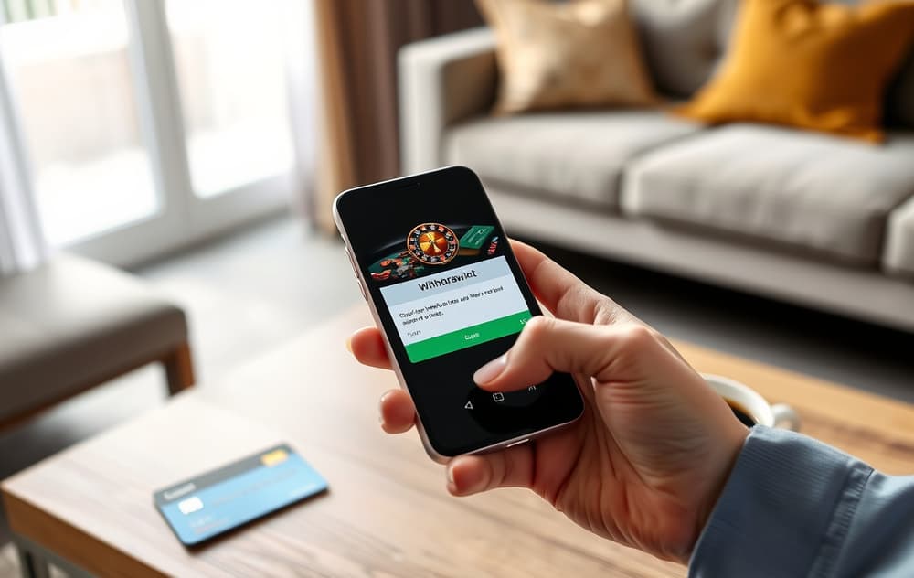 En hånd holder en mobiltelefon med bekreftelse på casinouttak, omgitt av kredittkort og kaffekopp på et bord.