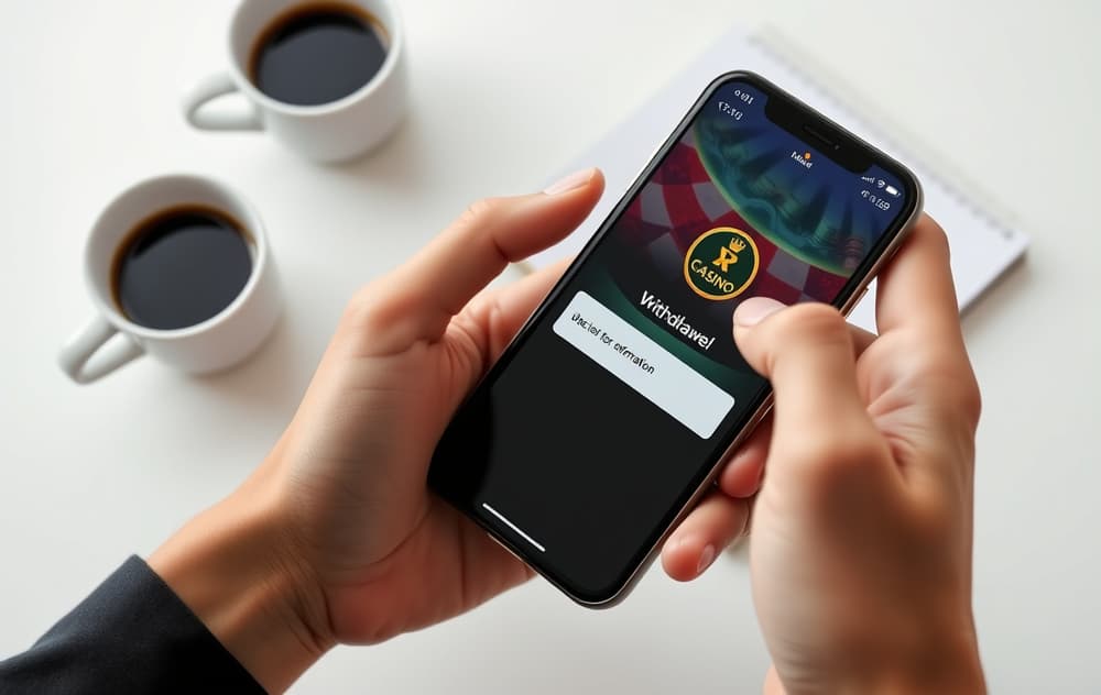 Person som holder mobil med utbetalingsbekreftelse fra nettcasino, rolig kontormiljø