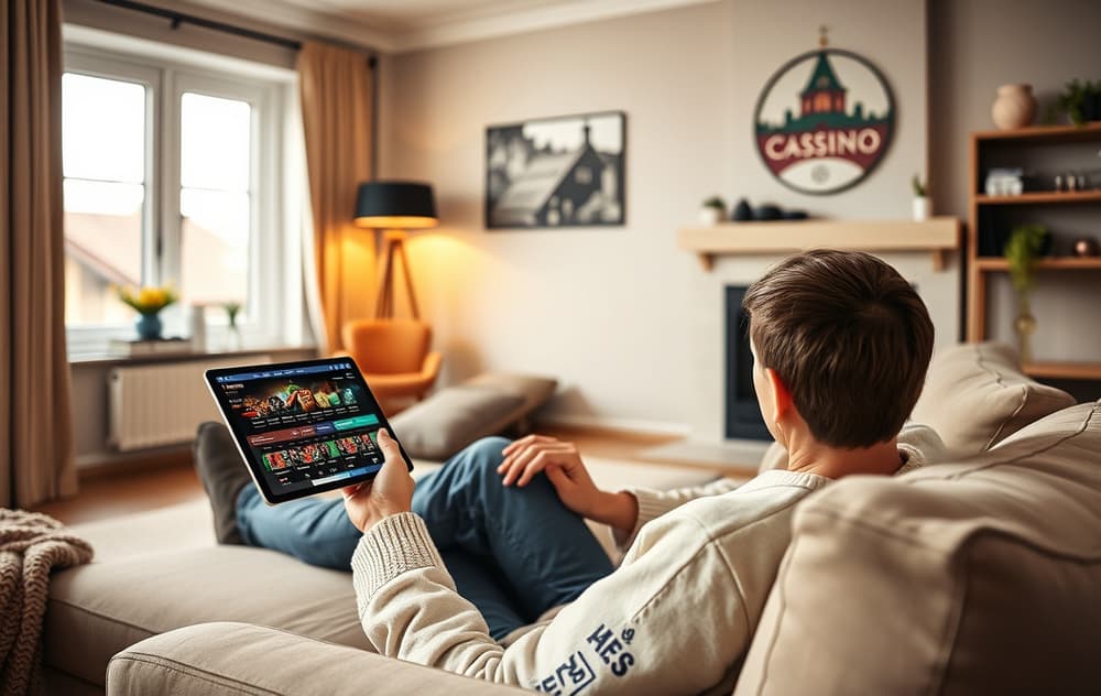 Person som sammenligner casinoer på mobil og laptop, koselig hjemmemiljø