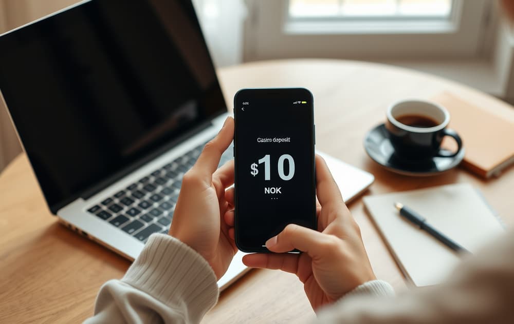 Person med mobiltelefon som viser innskudd på 10 kroner på et casino, ved et kjøkkenbord.