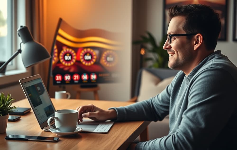 Person som tester et casino uten omsetningskrav på laptop med kredittkort og kaffekopp.