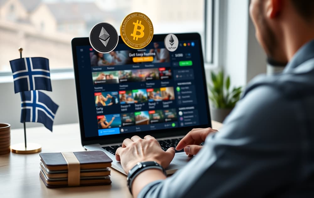 En person som holder en Bitcoin-mynt foran en laptop med et casino-grensesnitt – illustrerer krypto-casino uten registrering.