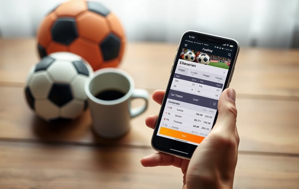 Person med mobil som viser fotballodds på en bettingside, laptop i bakgrunnen