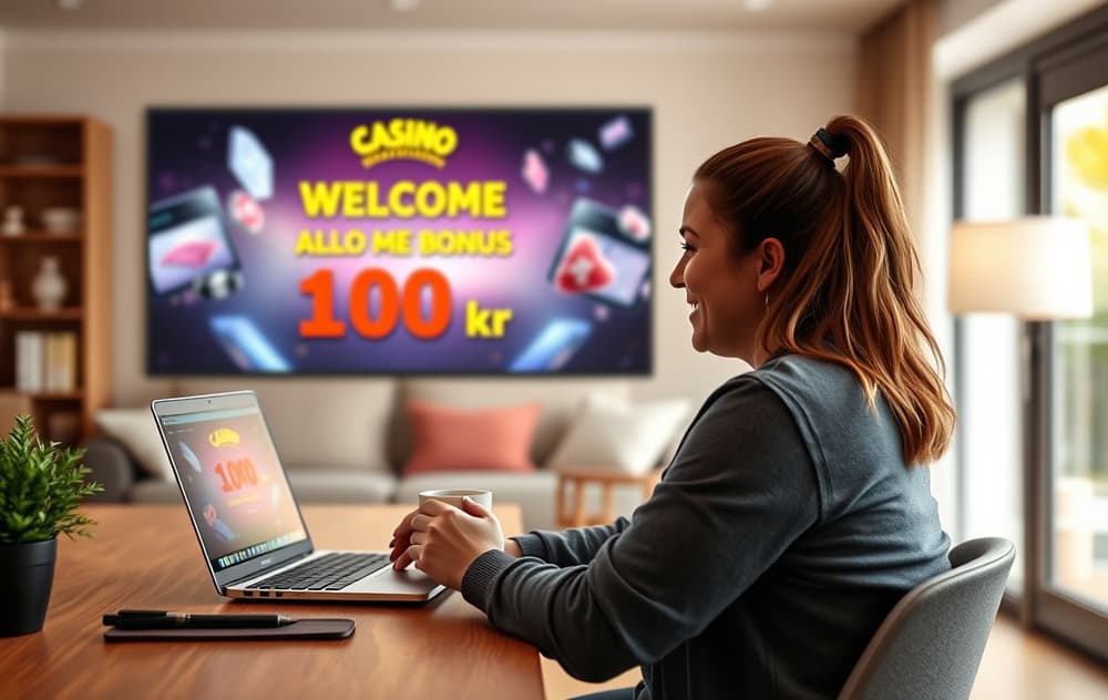 Person som sitter ved skrivebord og ser på et gratis casino-tilbud på en bærbar PC