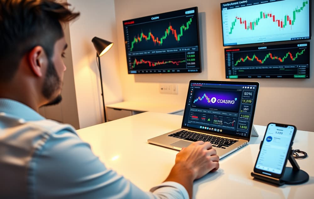 Kryptocasino på laptop med Bitcoin-ikoner
