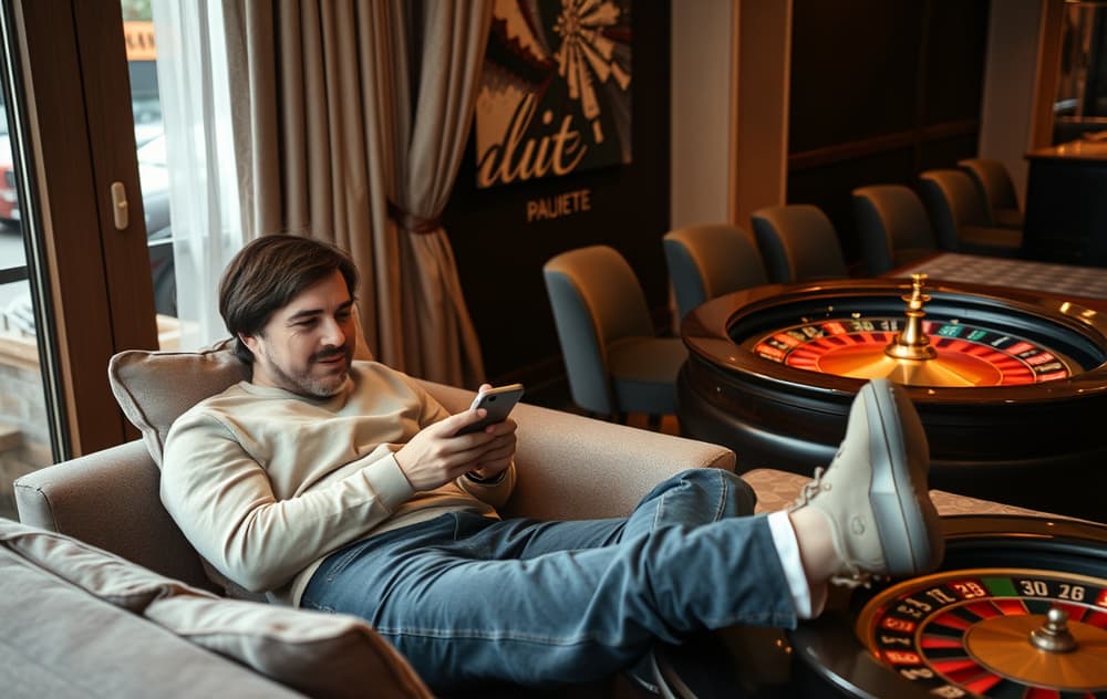 Person som spiller mobilcasino på smarttelefon i stuen.
