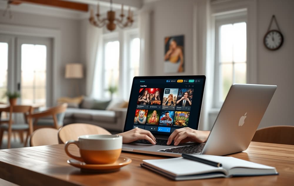 Person som sammenligner casinoer på laptop med notatblokk og kaffekopp