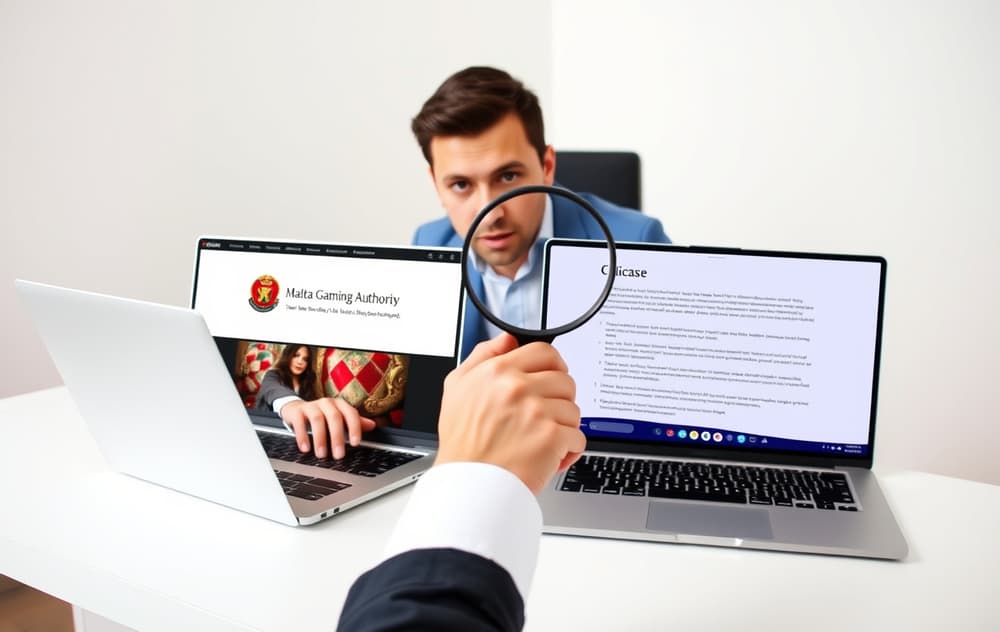 Person som sammenligner casinoer på laptop med lisensinformasjon og notater