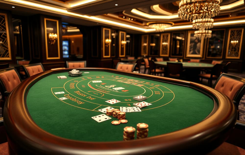 Baccarat-bord med grønt filt, spillkort og sjetonger i et luksuriøst casino