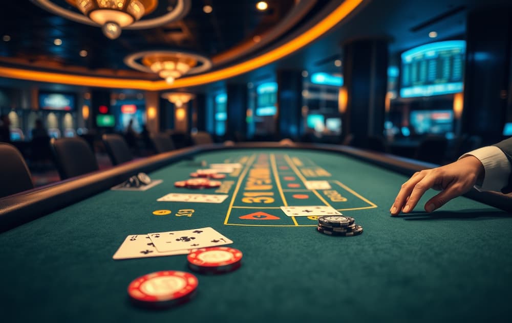 Blackjack-bord med kort og sjetonger i et moderne casino