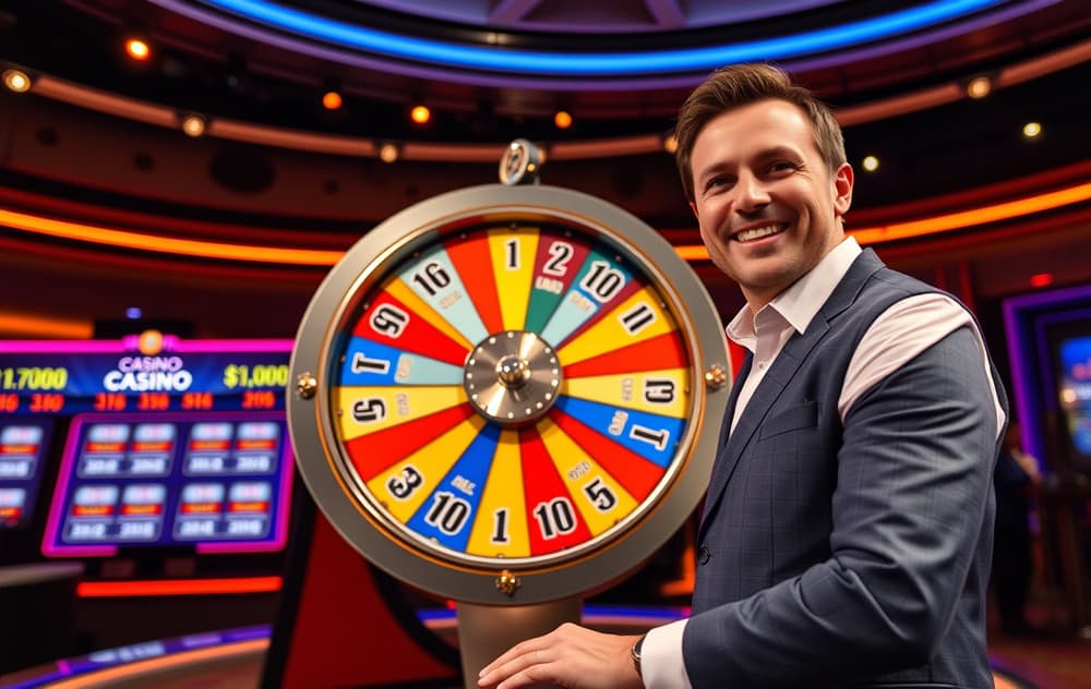 Live casino-vert spinner Crazy Time-hjulet i studio med fargerike segmenter og skjermer.