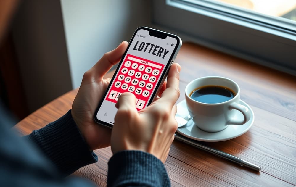Person som spiller lotto på mobilen med en kopp kaffe ved siden av