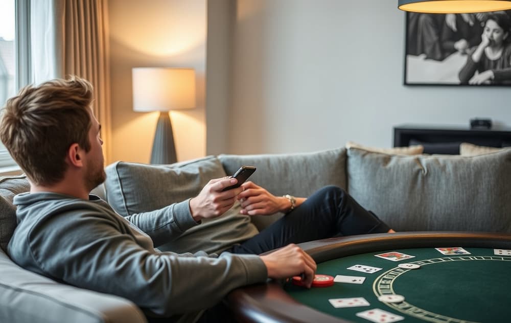 Mann spiller poker på mobil i stuen, skjermen viser pokerbord