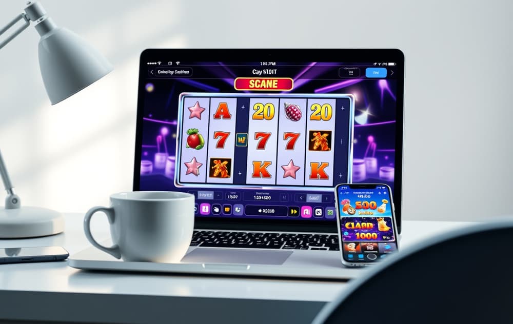 Moderne spilleautomat på laptop med kaffekopp og mobiltelefon